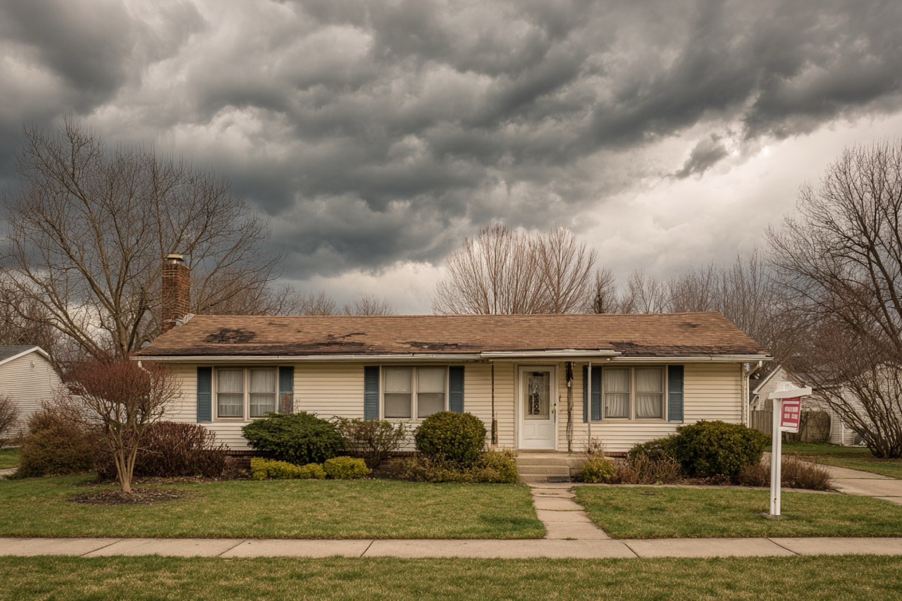 For sale sign in front of storm damaged house in Indianapolis Indiana