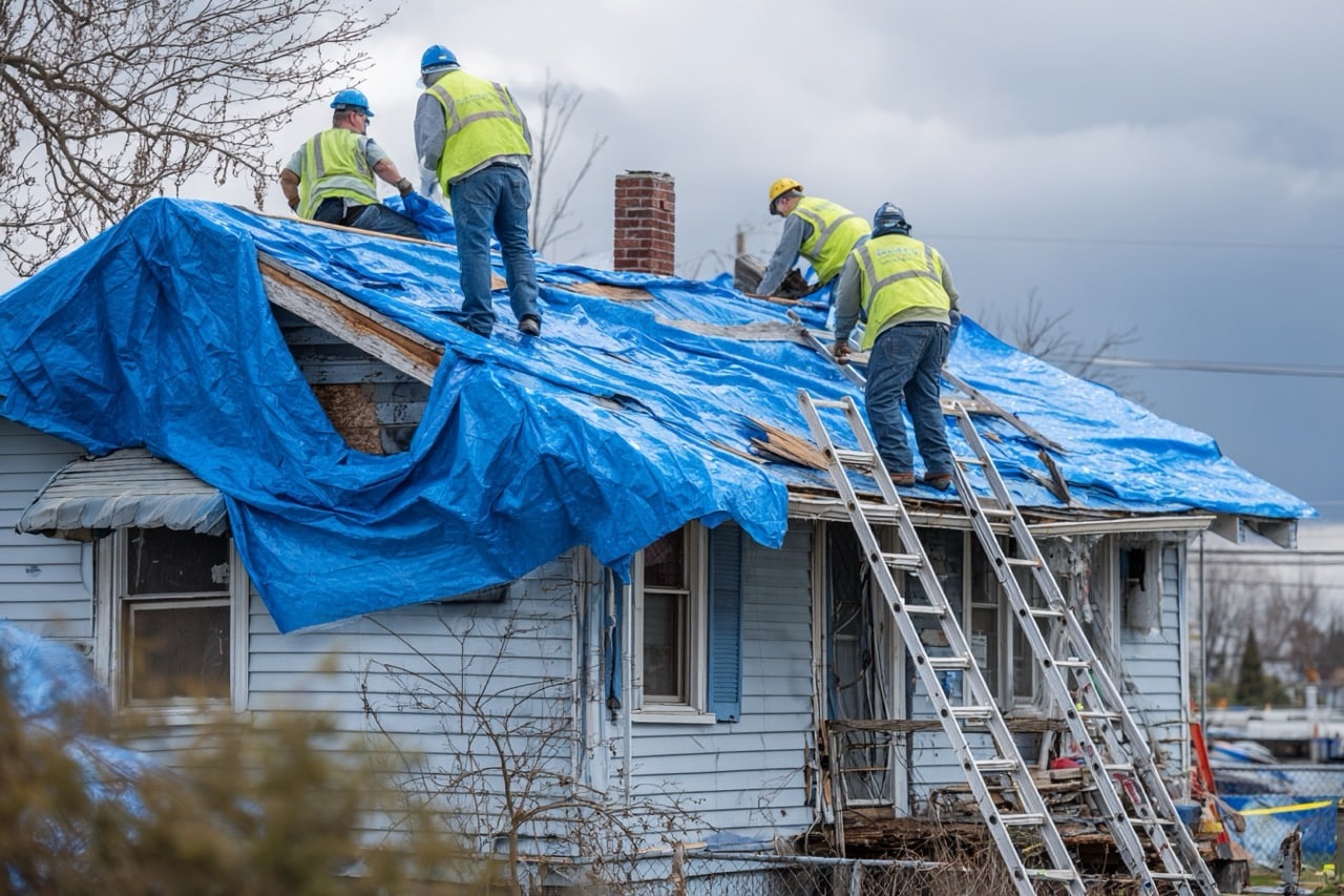 Tarped roof on storm damaged house in Indianapolis Indiana