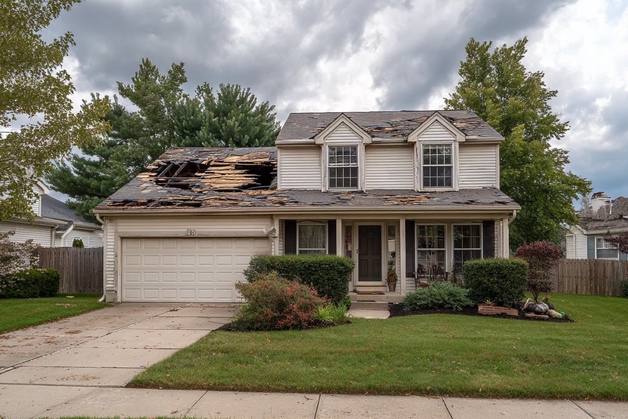 Storm damaged property for sale in Indianapolis Indiana showing roof damage